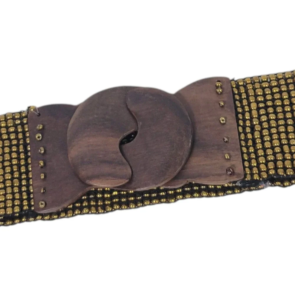 Beaded Cinch Belt Brown Stretchy Elastic Studs Waist Wooden Clasp Buckle Medium